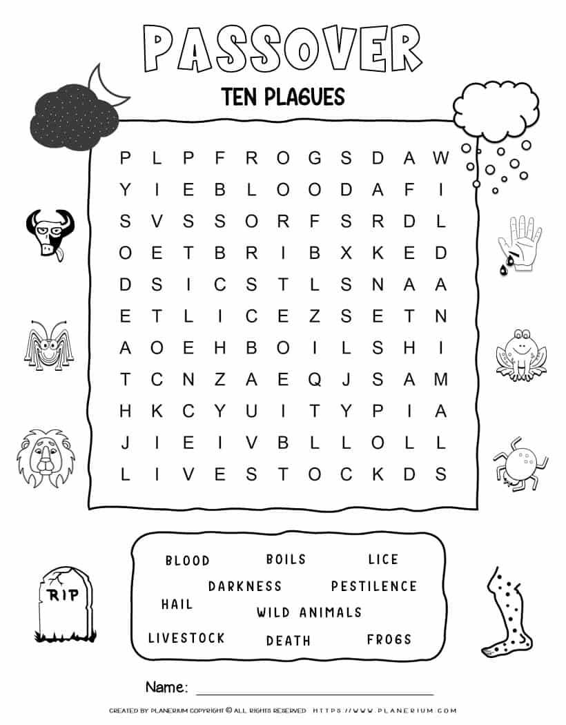 Printable Passover word search with ten words for kids featuring ten plagues