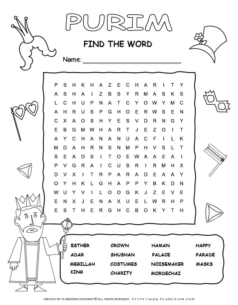 Printable Purim word search with fifteen words for kids