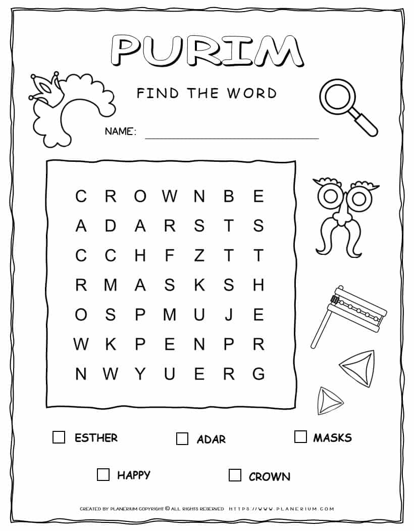 Printable Purim word search with five words for kids