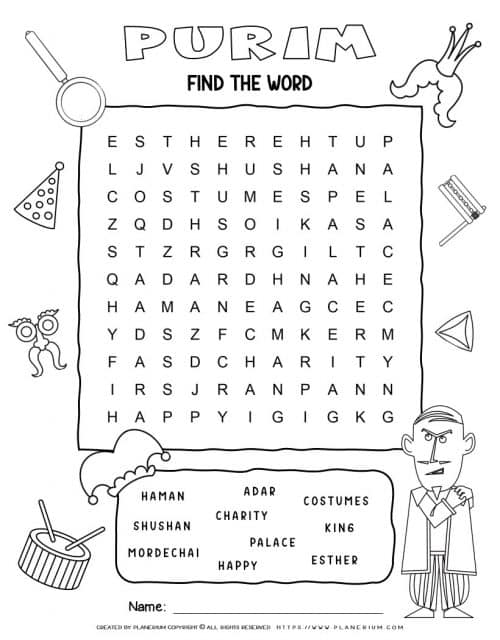 Printable Purim word search with ten words for kids