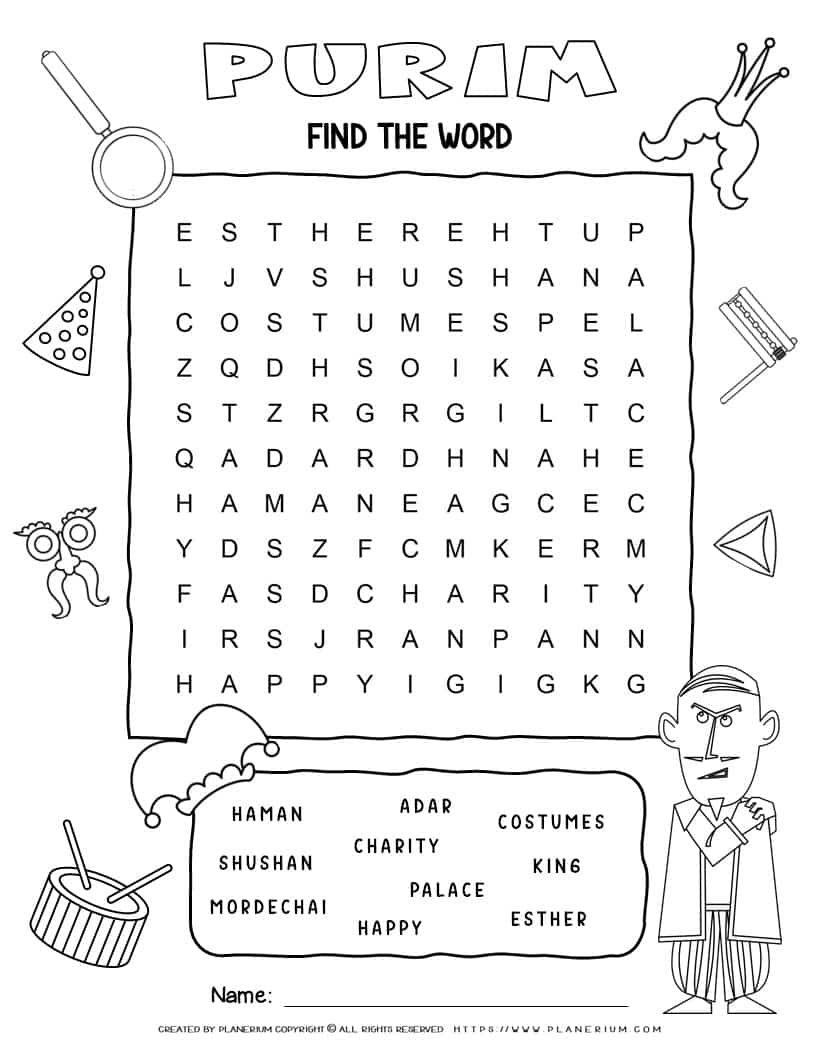 Printable Purim word search with ten words for kids