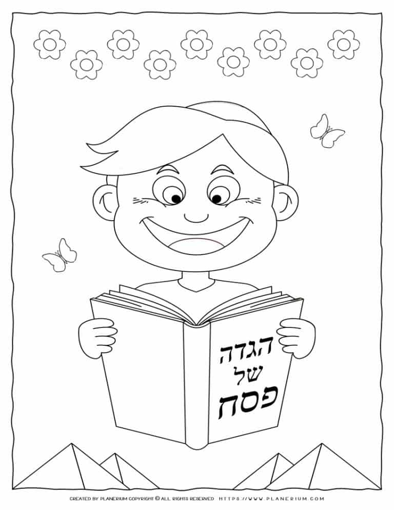 Passover Coloring Page - Boy Reading Haggadah | Planerium