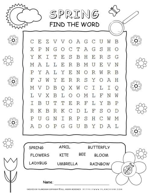 Printable spring word search with ten words for kids