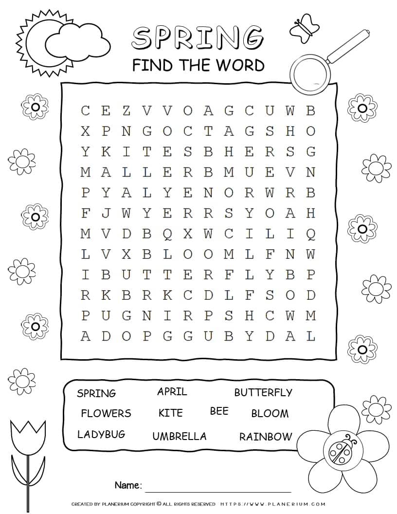Printable spring word search with ten words for kids