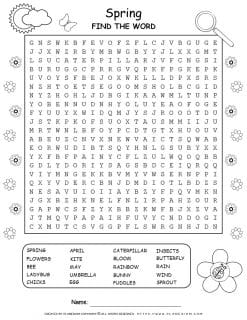 Printable spring word search with twenty words for kids