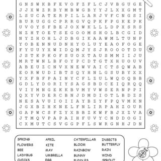 Printable spring word search with twenty words for kids