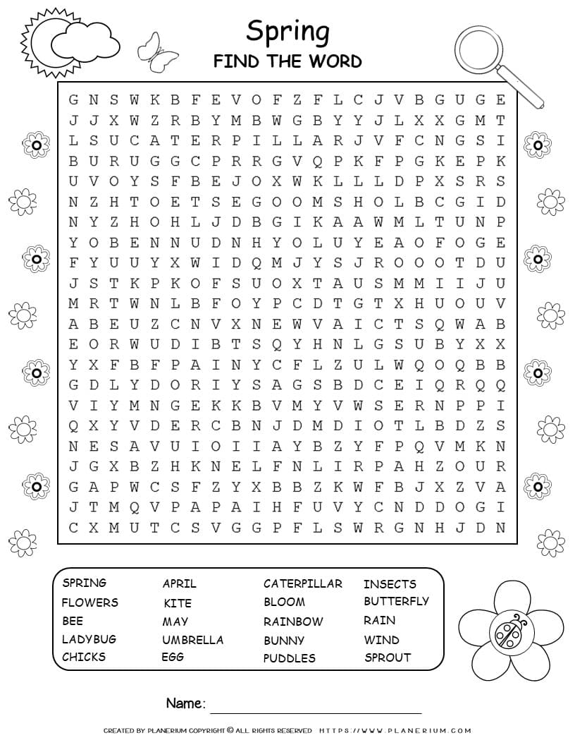 Printable spring word search with twenty words for kids