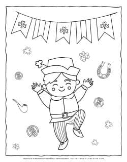 St. Patrick's Day - Coloring Page - Happy Boy Dancing | Planerium