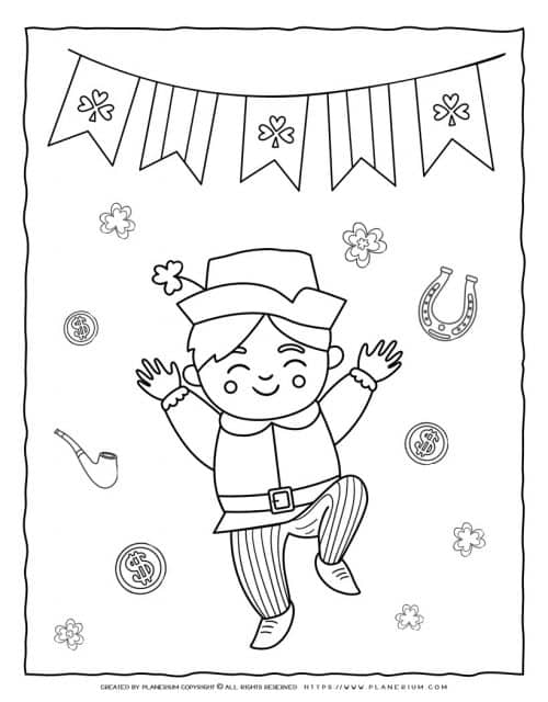 St. Patrick's Day - Coloring Page - Happy Boy Dancing | Planerium