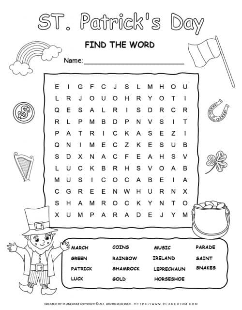 Printable St. Patrick's Day word search with fifteen words for kids