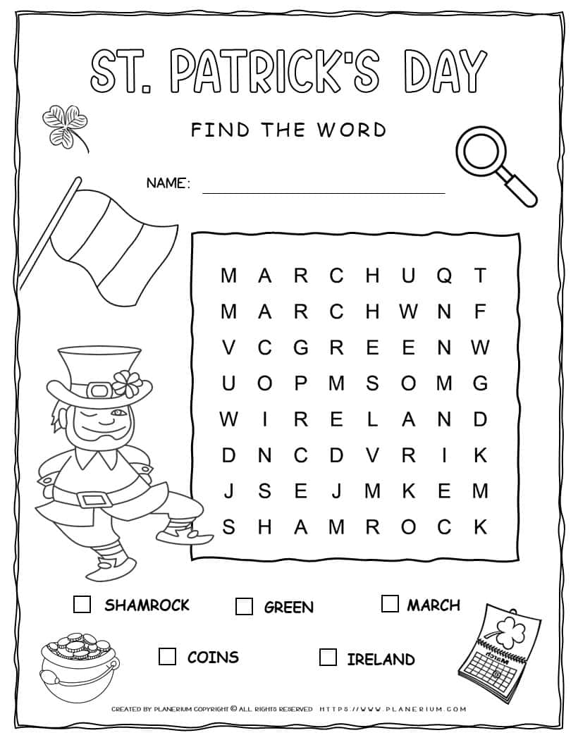 Printable St. Patrick's Day word search with five words for kids