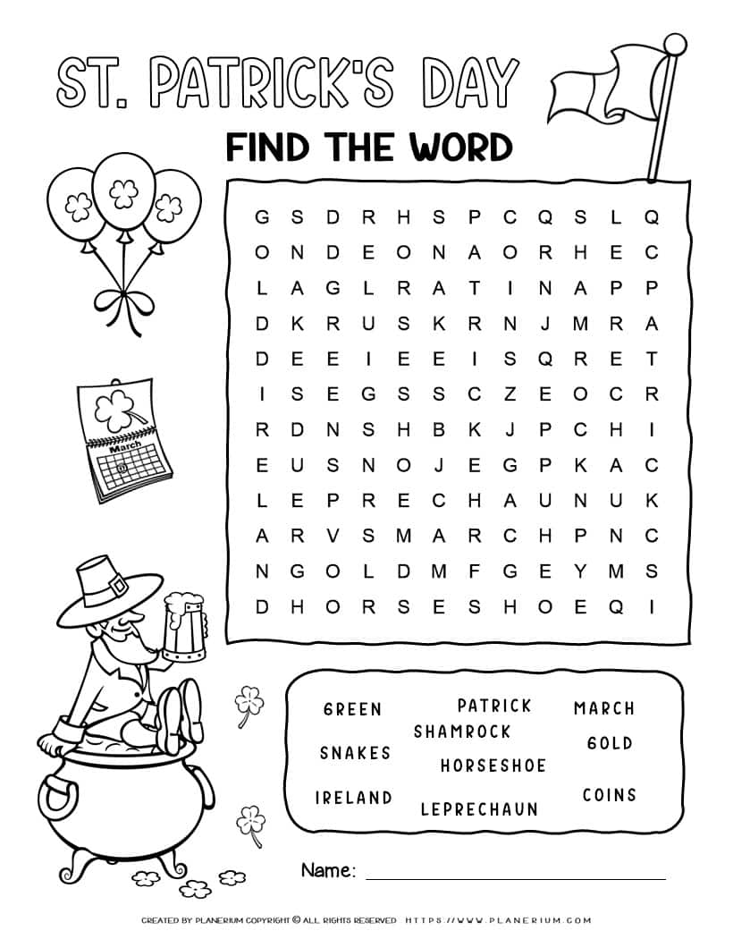 Printable St. Patrick's Day word search with ten words for kids