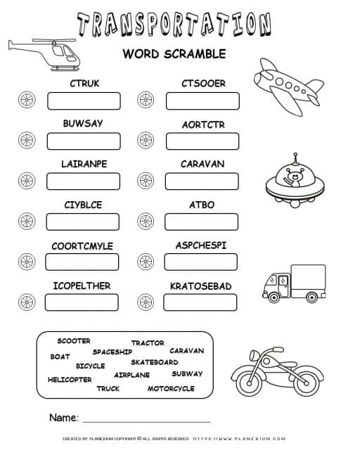 Transportation Scramble Words | Planerium