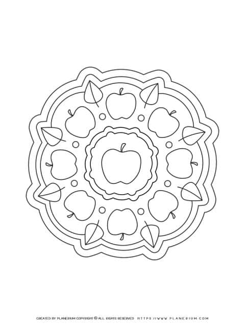 Mandala coloring page with apples. Creative coloring activity for kids in the Fall season. Free printable for the classroom or at home.