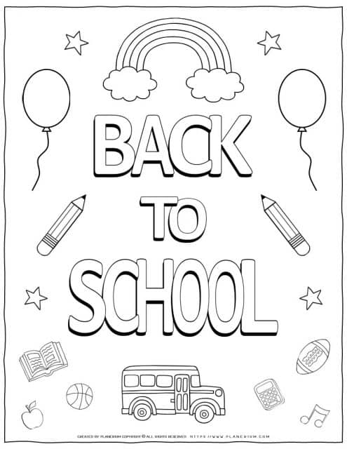 School coloring page for kids at the beginning of the year for first and second grades.