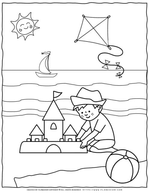 Beach Coloring Page - Boy Building Sandcastle | Planerium