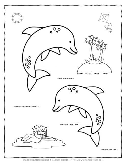 Dolphins coloring page for kids. For Summer camp, camping, or home coloring activity.