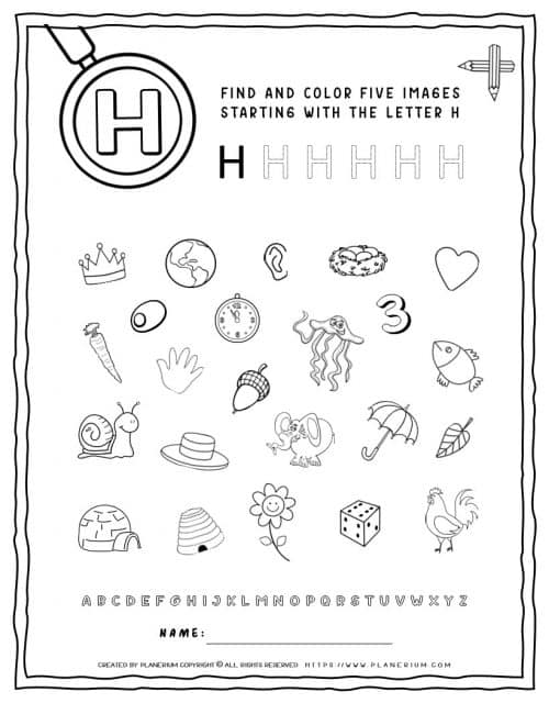 English alphabet worksheet with letter H. Suitable for Kindergarten and first grade. Fun activity to practice recognition and motor skills. Free printable!
