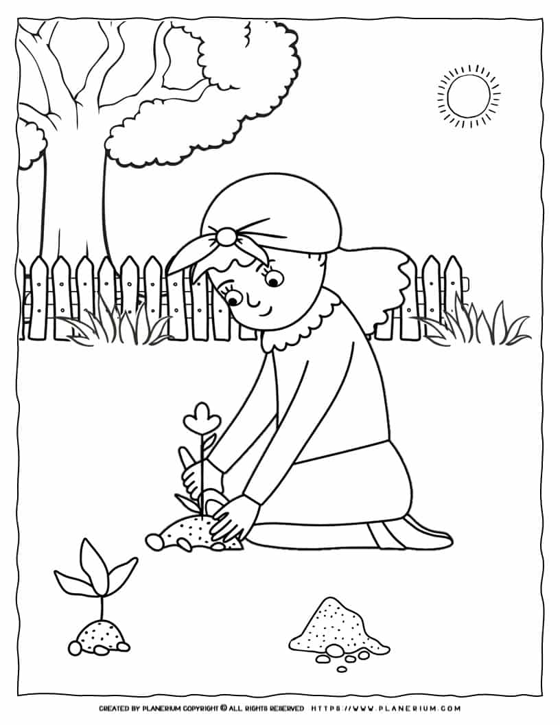 Girl Planting Flower - Coloring Page | Planerium