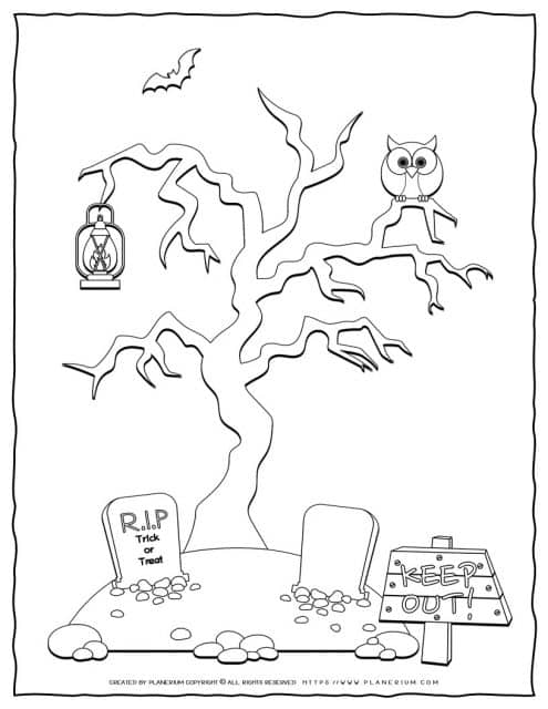 Free printable Halloween coloring pages for kids with a hunted tree scene. A fun coloring activity to do in the classroom or at home.