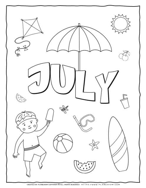 Free printable, July coloring page for kids to color at home in the Summer vacation.
