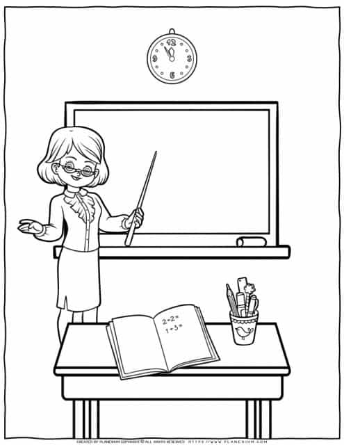 School coloring page with a teacher and blank board. Fun coloring activity for first-grade students to color at home or in the classroom. 