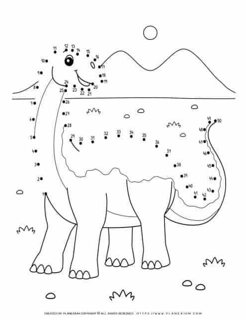 Dinosaur jobaria connect the dots, Math worksheet for kids to do at home or in School.