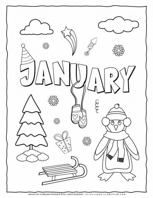 January coloring page for kids with a big title and images to color and decorate. Free printable for Winter in classroom or home.