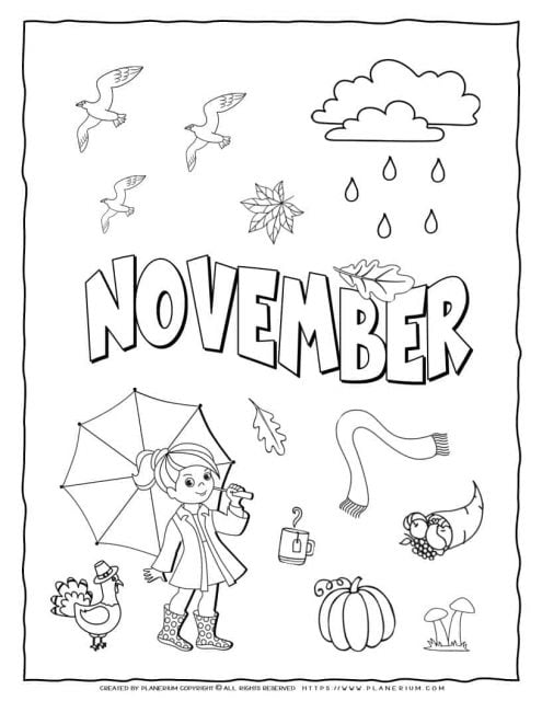 November coloring page for kids with a big title and related images to color and decorate. Free printable for classroom or home.