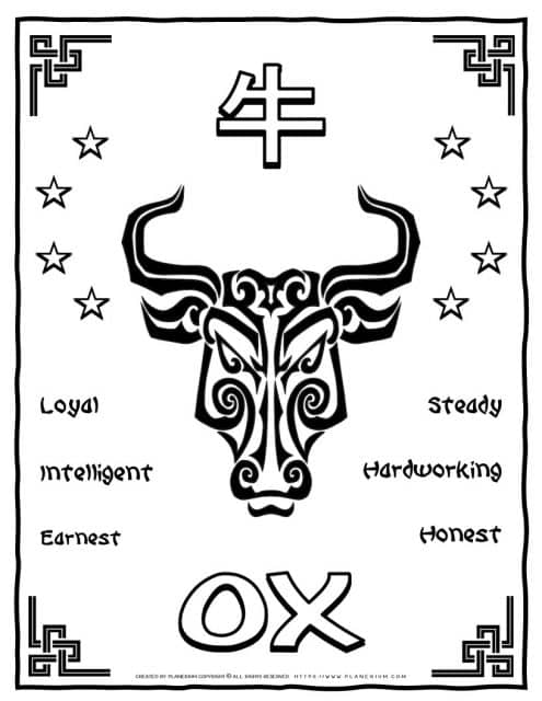 Chinese zodiac ox characters poster for decoration in the classroom or at home.