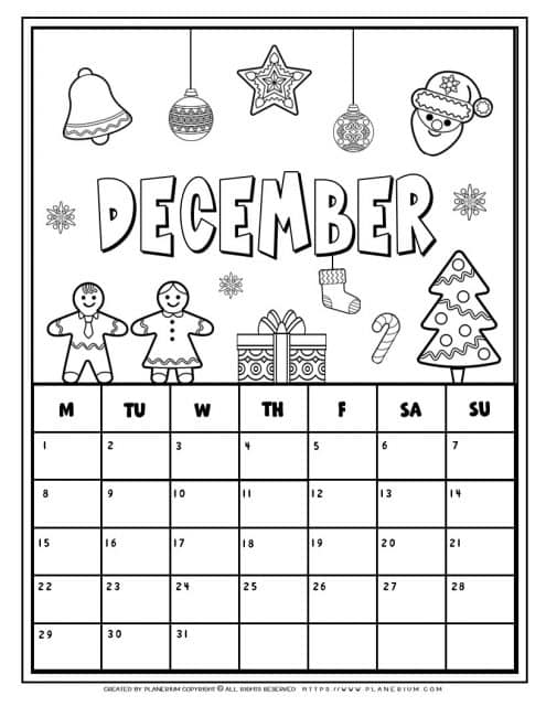 Coloring calendar  for December month for kids.