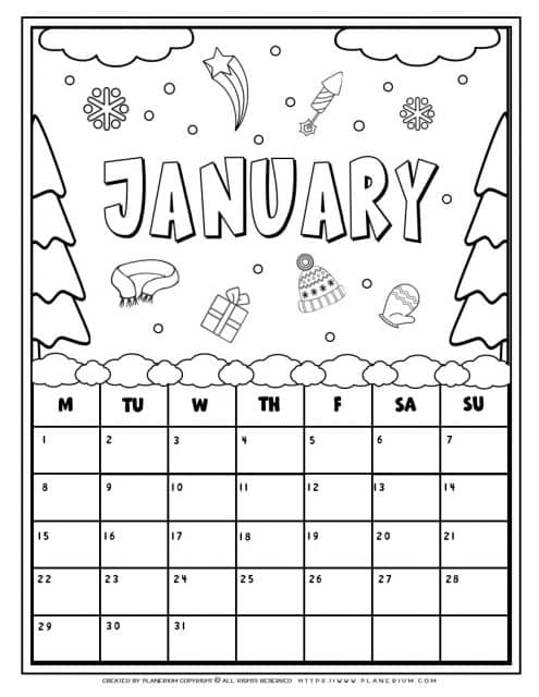 Coloring calendar  for January for kids. Free printable!