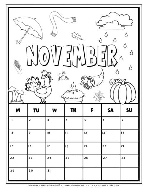 Coloring calendar  for November month for kids.