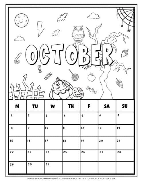 Coloring calendar  for October month for kids.