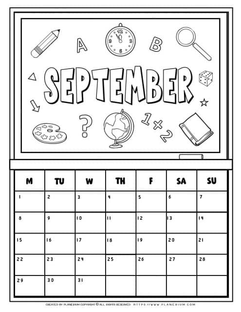 Coloring calendar  for September month for kids.