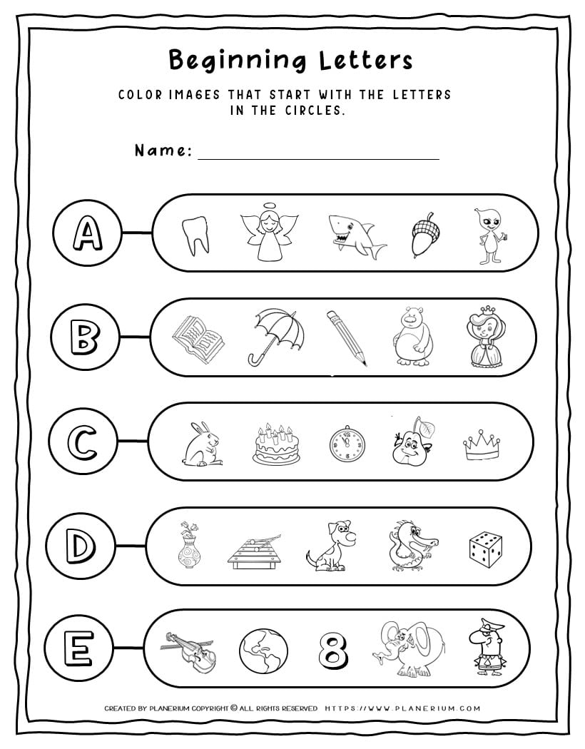 Beginning Sounds Worksheet - A to E | Planerium