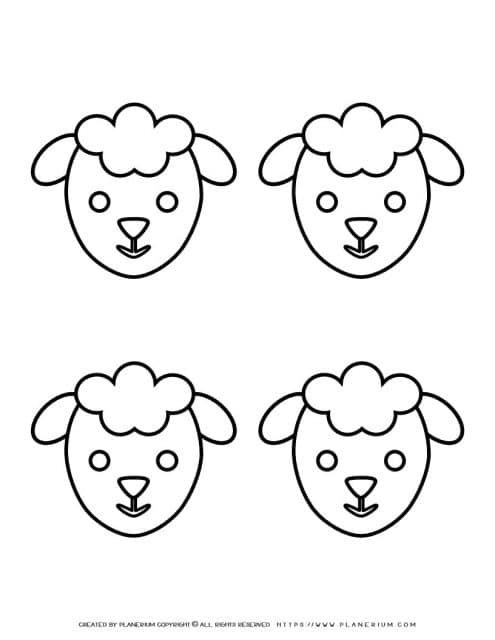 Sheep head coloring page for kids with four sheep heads.
