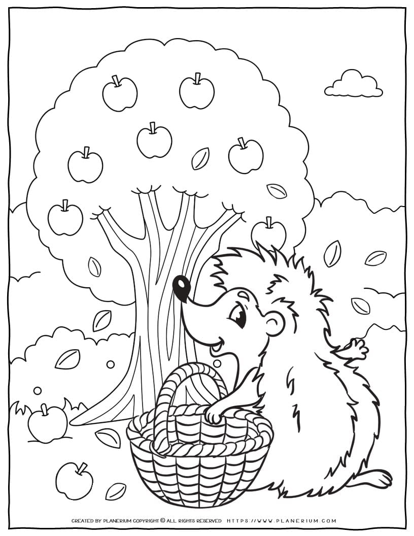 Fall Coloring Page - Hedgehog And Apple Tree | Planerium