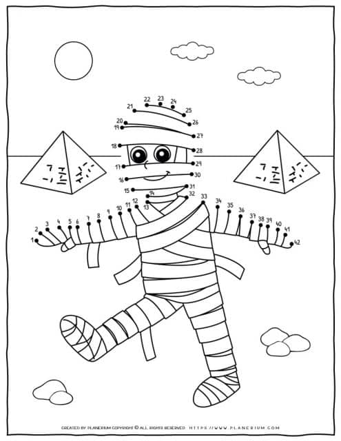 Halloween dot to dot worksheet for kids with a mummy for the classroom.