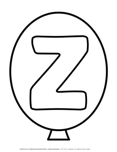 Outline balloon with the letter Z printable for coloring activity and decoration in the classroom or at home.