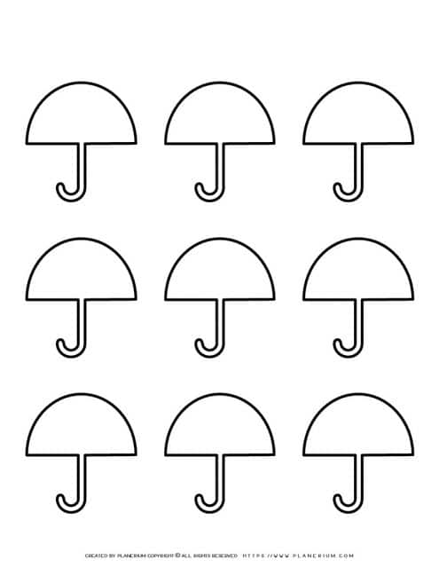 Umbrella template printable with nine umbrellas for coloring and arts and crafts activities at home or school.