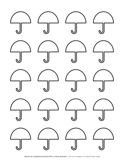 Umbrella template printable with twenty umbrellas for math activities for kids.