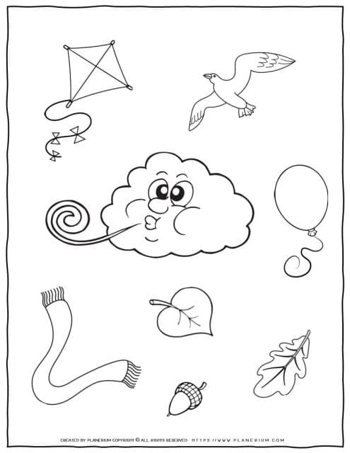 Weather coloring page for kids. Free printable to learn about wind in School or home.