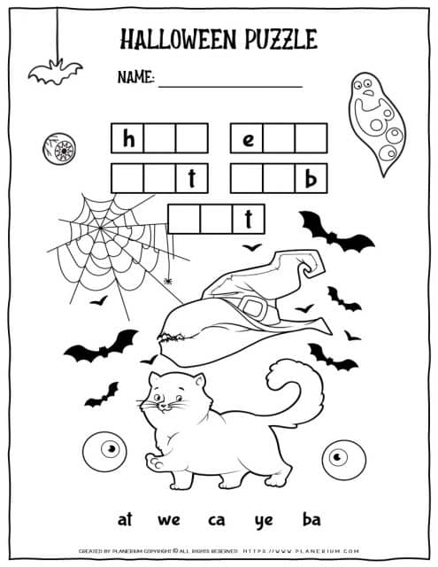 Halloween worksheet for kids with fun English puzzle game.