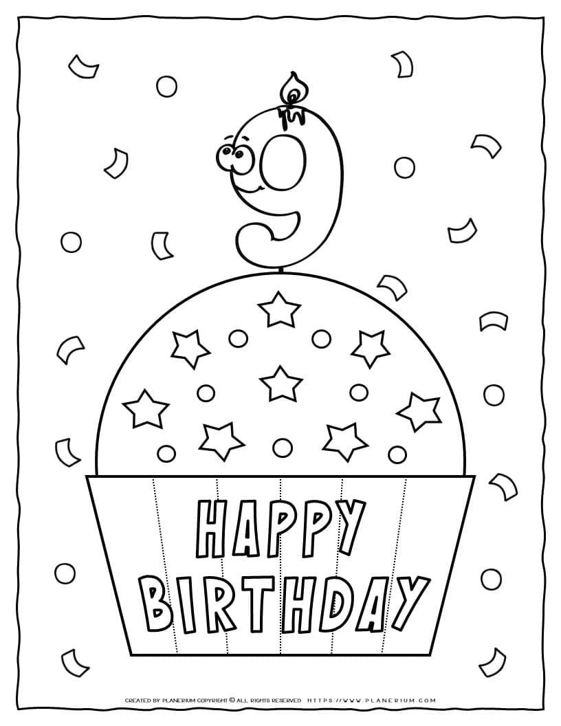 Happy Birthday Coloring Page - 9th Birthday | Planerium