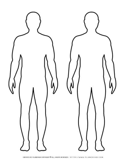 Free printable, male body outline with two figures for arts and crafts activities.