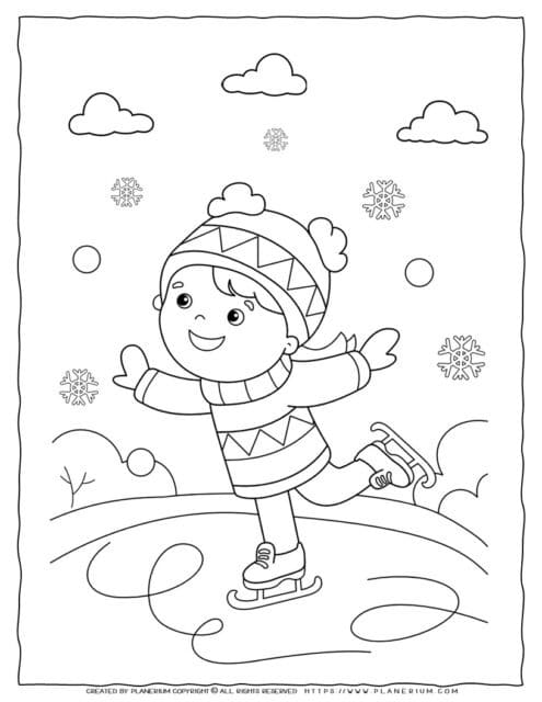 Free Winter coloring page for kids with a boy ice skating.