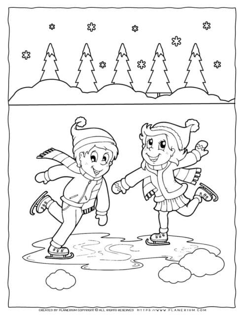 Winter coloring page for kids with an ice skating scene.
