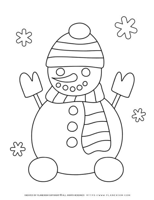 Winter coloring page for kids with a cute snowman.
