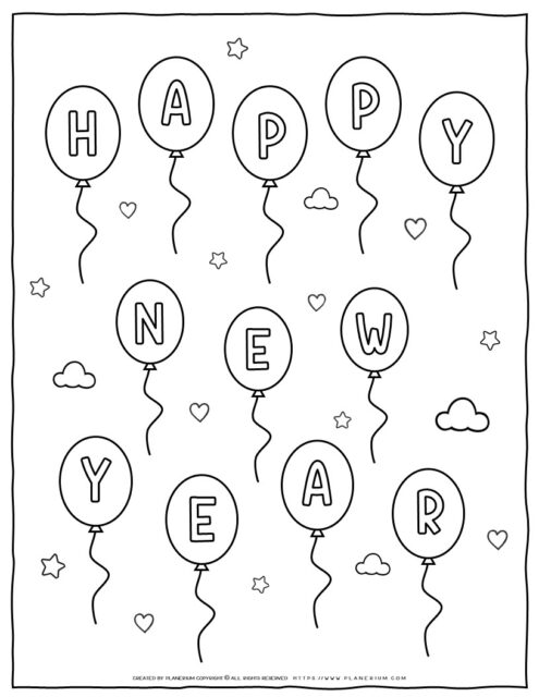 Happy New Year Coloring Page - Balloons | Planerium